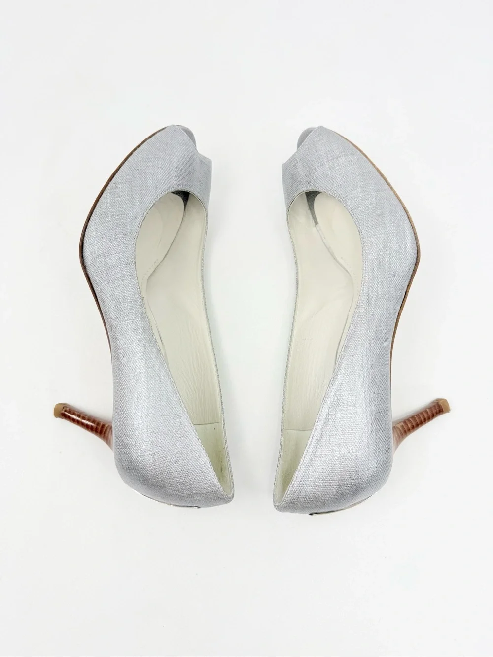 Stuart Weitzman Metallic Pewter Silver Peep Toe Wood Heel Pumps